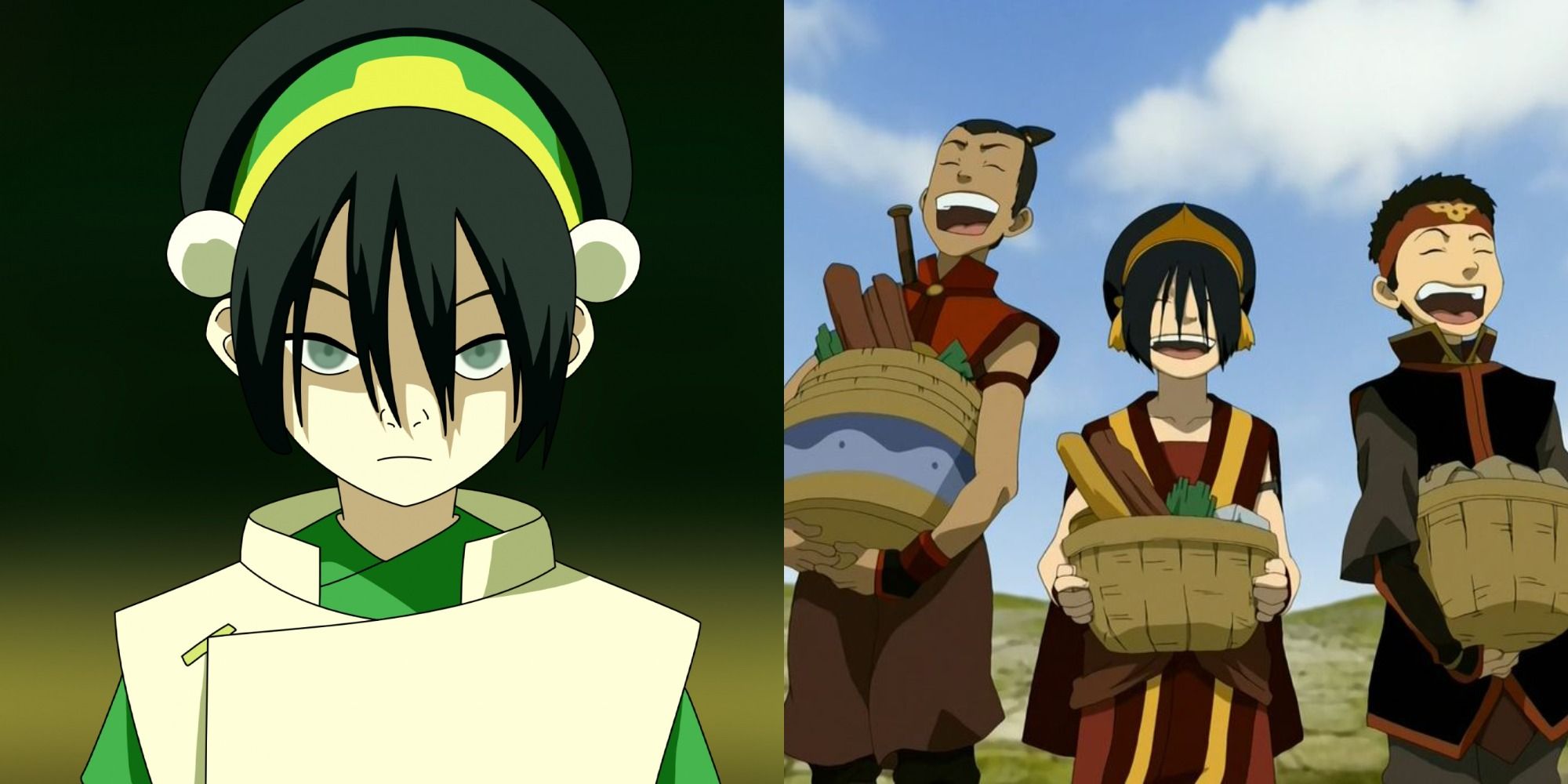Split image showing Toph alone and with two others in Avatar The Last Airbender