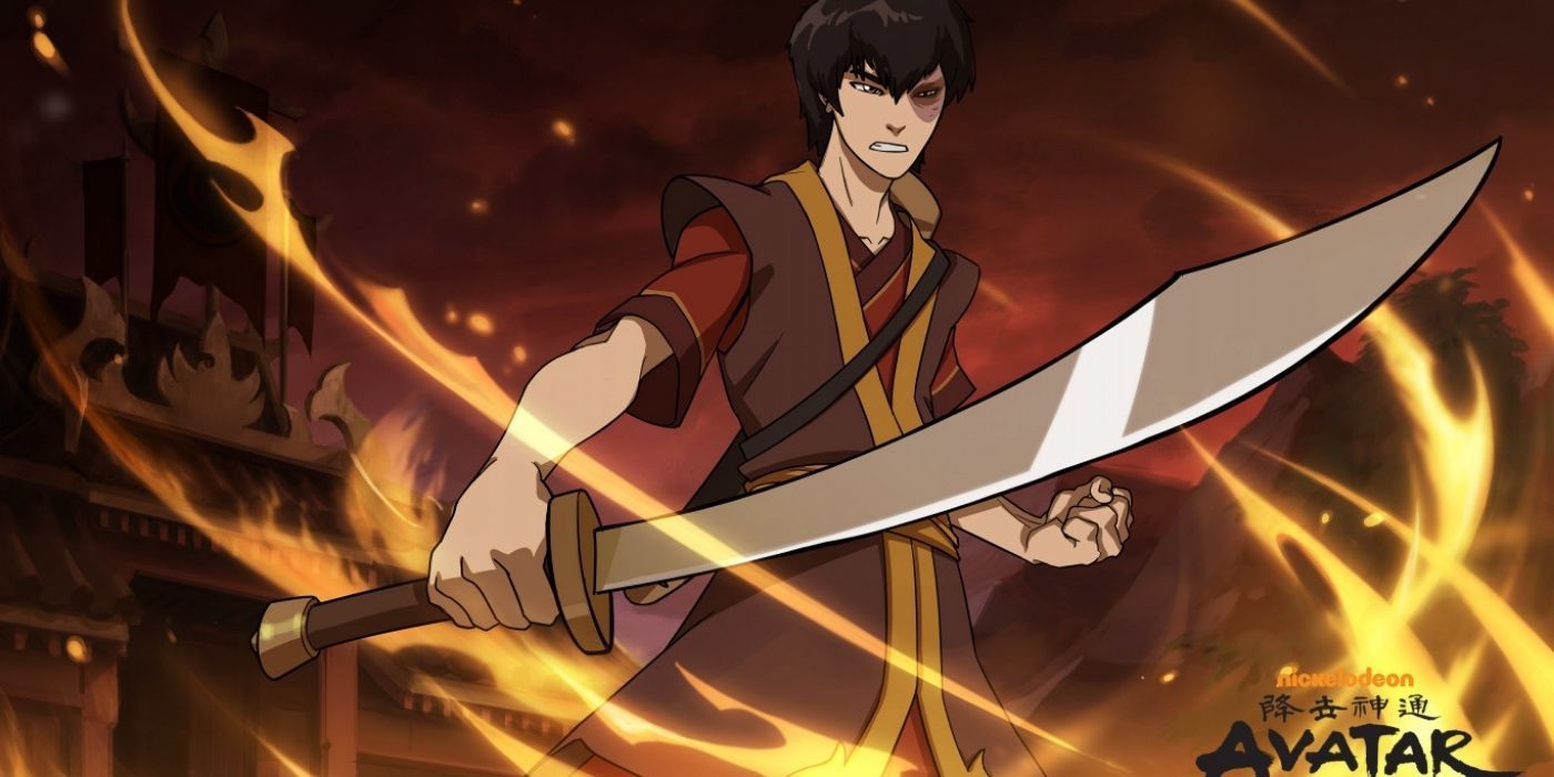 Zuko holding a sword surrounded by fire in Avatar The Last Airbender.