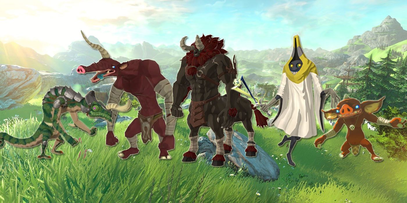 An assortment of enemies from Breath of the Wild lined up on a grassy field
