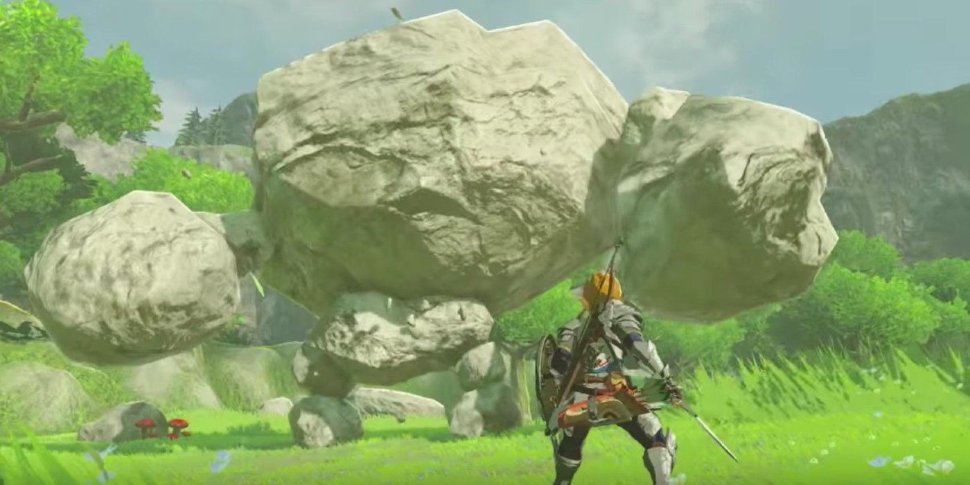 Link enfrentando um inimigo de pedra, Talus, em Zelda: Breath of the Wild.
