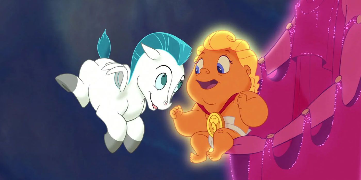 Baby Hercules and baby Pegasus smile at each other in Disney's Hercules.