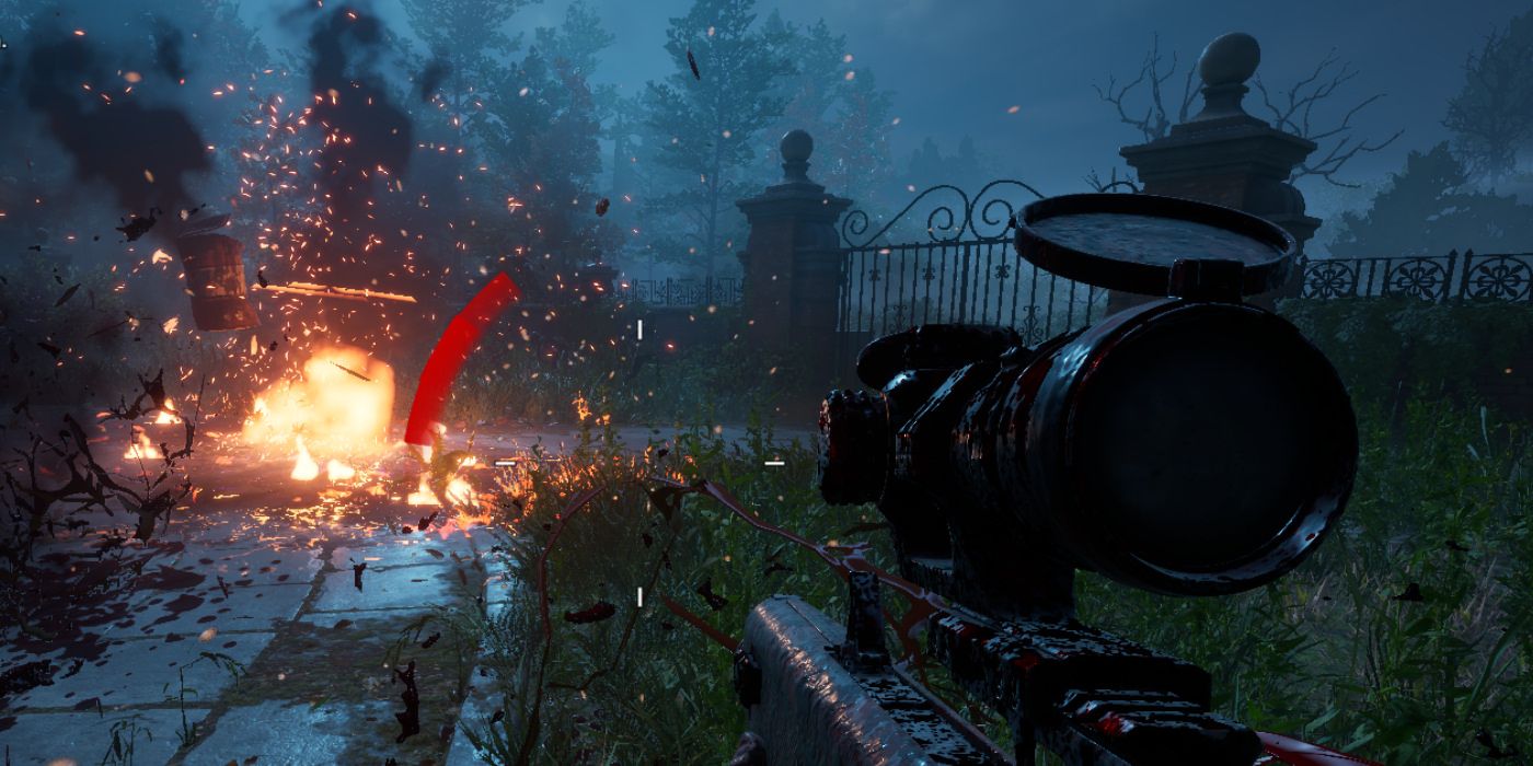 First-person view of a shooter in a garden in Back 4 Blood
