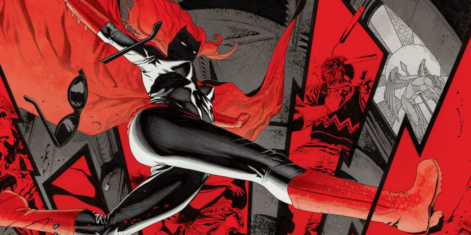 Batwoman saltando y golpeando a un criminal en un panel de Elegy