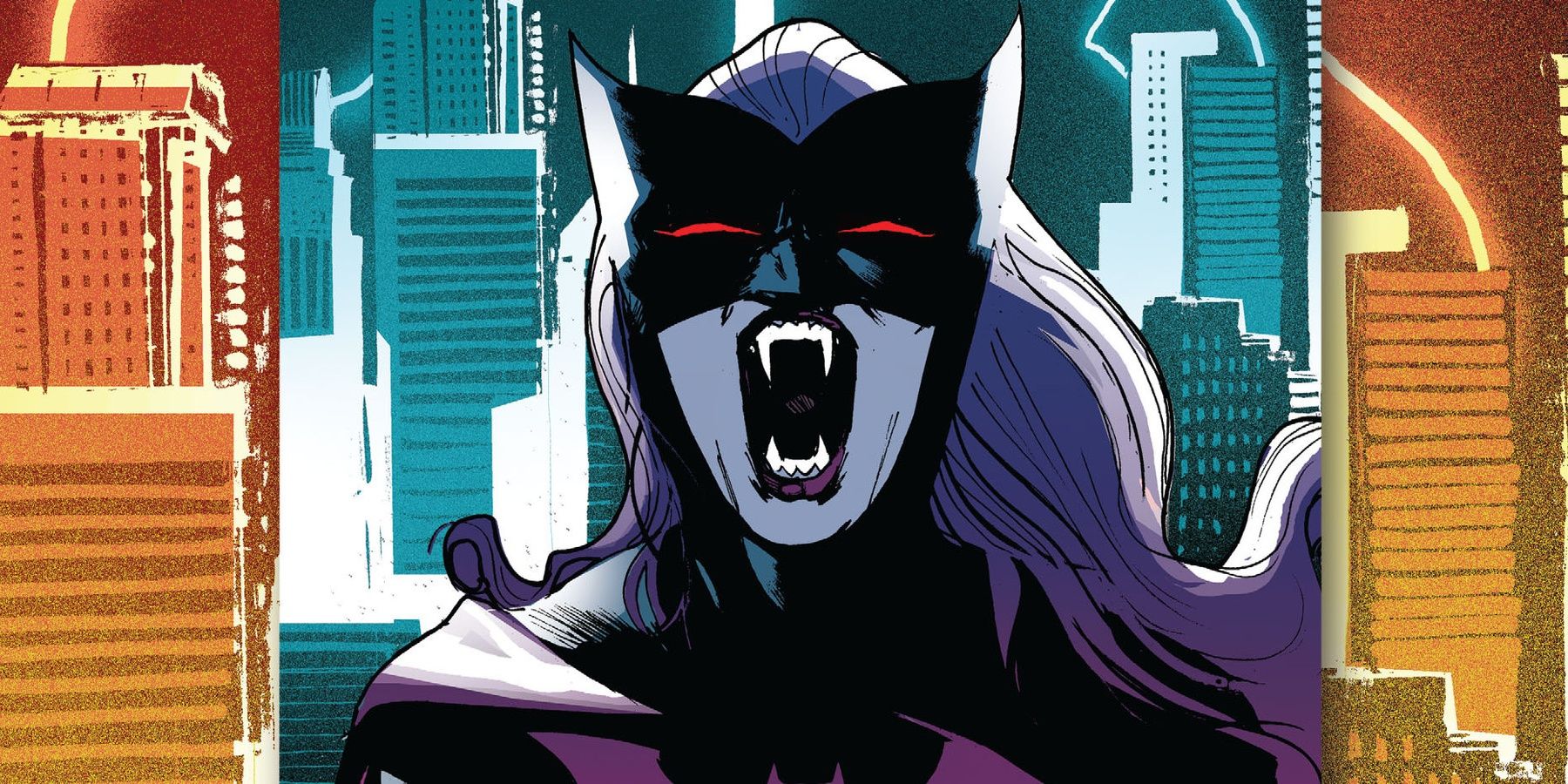 Batwoman opening her mouth and revealing fangs on the cover of Futures End comic.