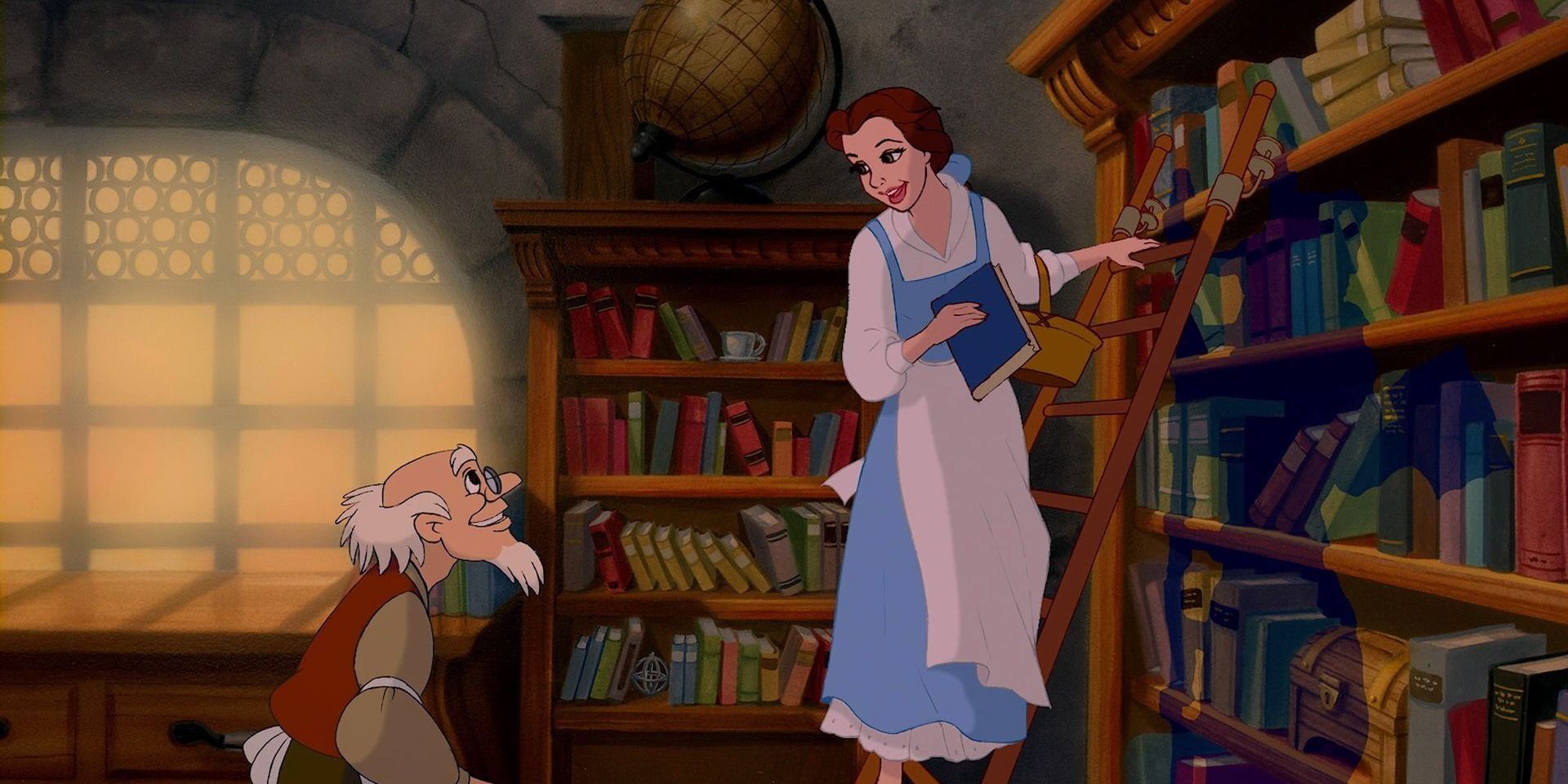 Belle takes out a book in her village book shop with the shop owner in Beauty and the Beast.