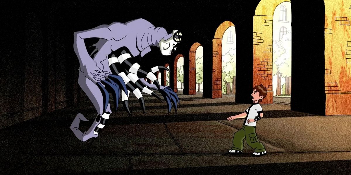 Ben 10 being scared by a floating monster in Ben 10