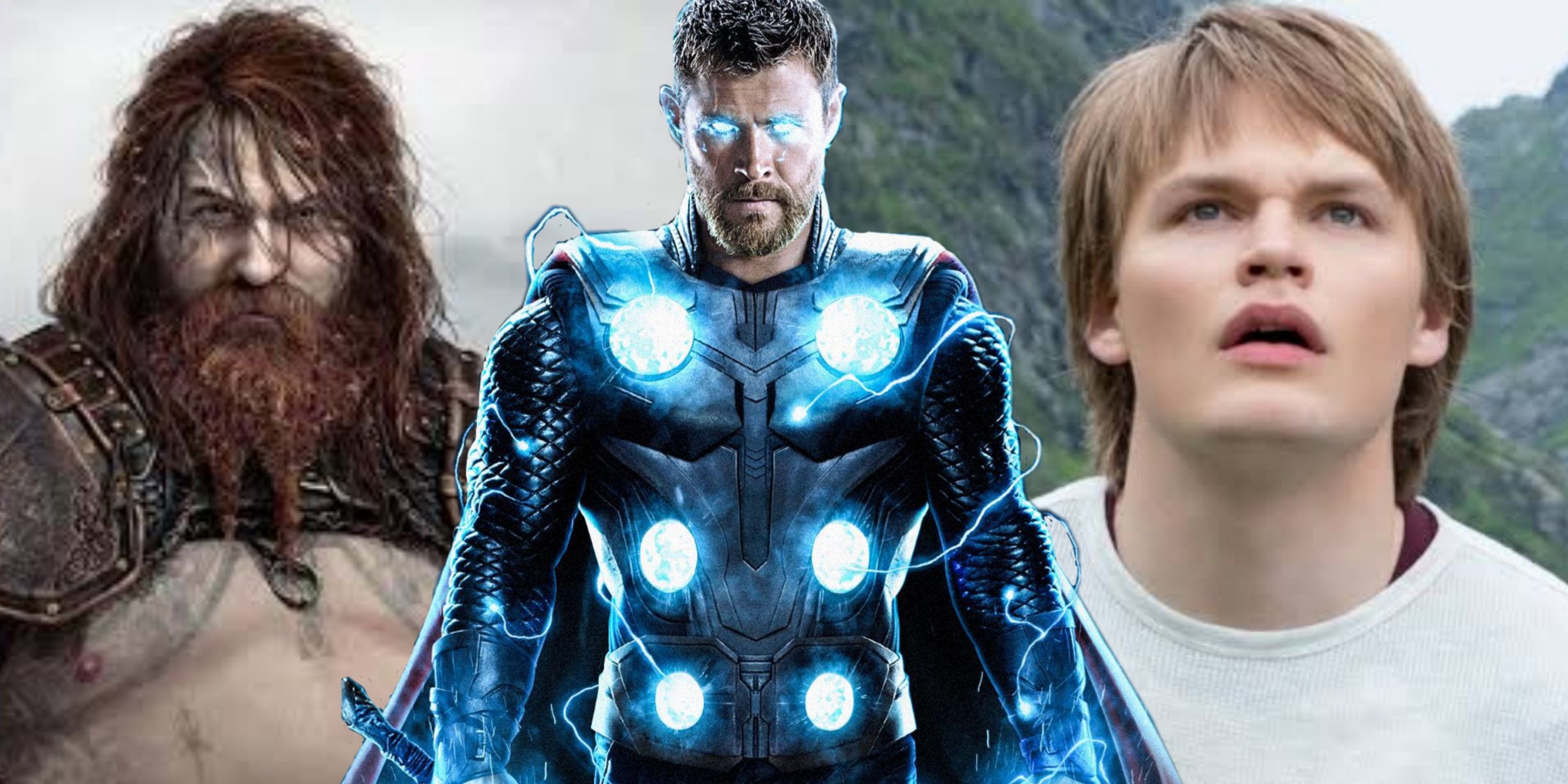 The Might Thor in God of War: Ragnarok; Chris Hemsworth as Thor in MCU; David Stakson as Magne in Ragnarok
