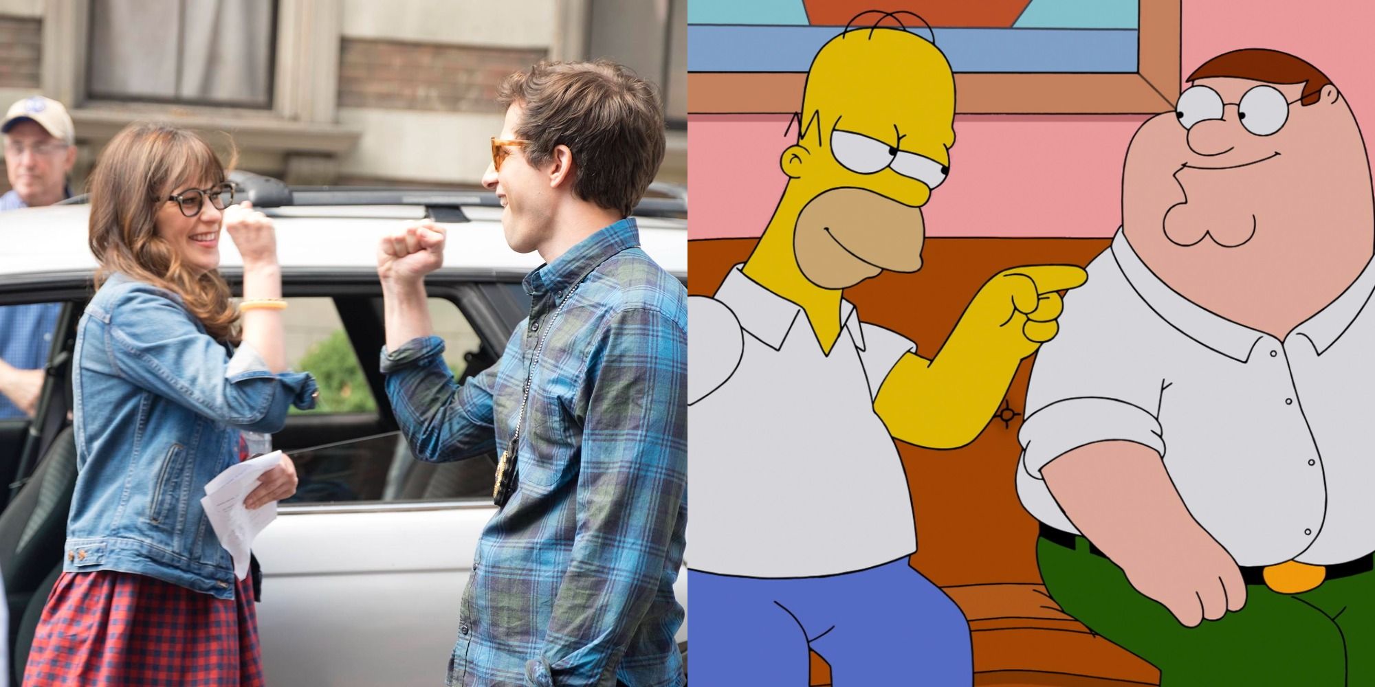 Split image of New Girl crossover with Brooklyn 99 and The Simpsons crossover with Family Guy