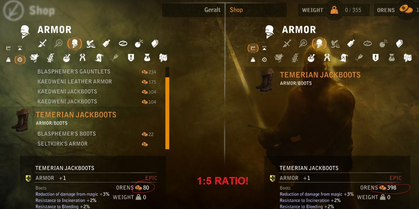 Creator's screenshot of the Better Shop Sale Price mod in effect in The Witcher 2