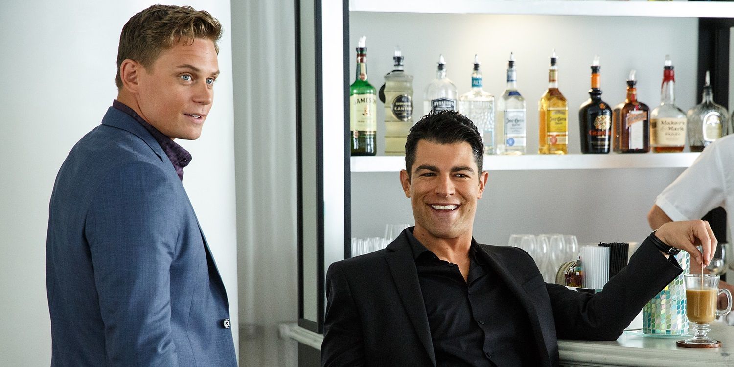 Billy Magnussen and Max Greenfield in a bar in The Big Short