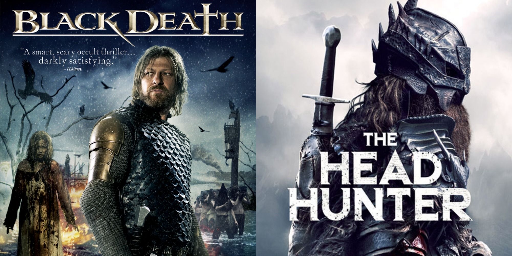 A split image featuring Sean Bean as Sir Ulric in the poster for Black Death and Christopher Rygh as Father in the poster for The Head Hunter