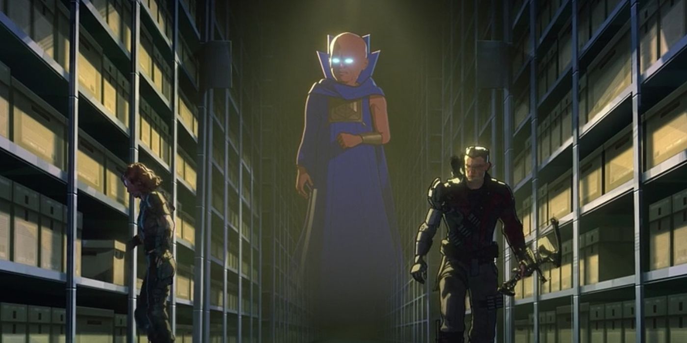 Black Widow and Hawkeye in the foreground searching the boxes in the warehouse as The Watcher looks from the background in Marvel&rsquo;s What If&hellip;?