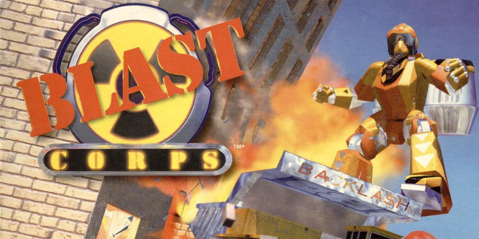 A robot in front of an explosion with the Blast Corps logo next to it