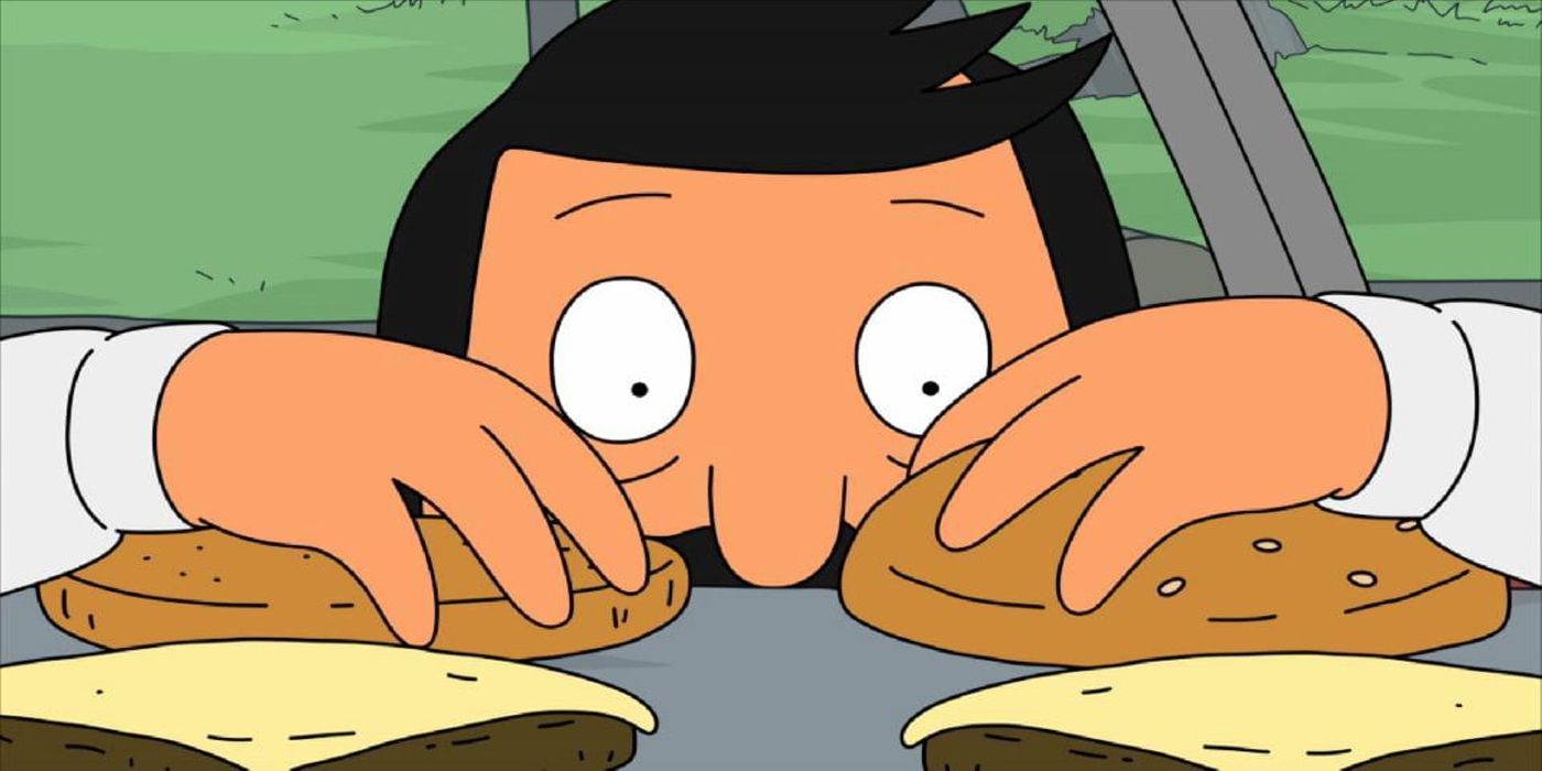 close up of Bob belcher with burgers on Bob's burgers