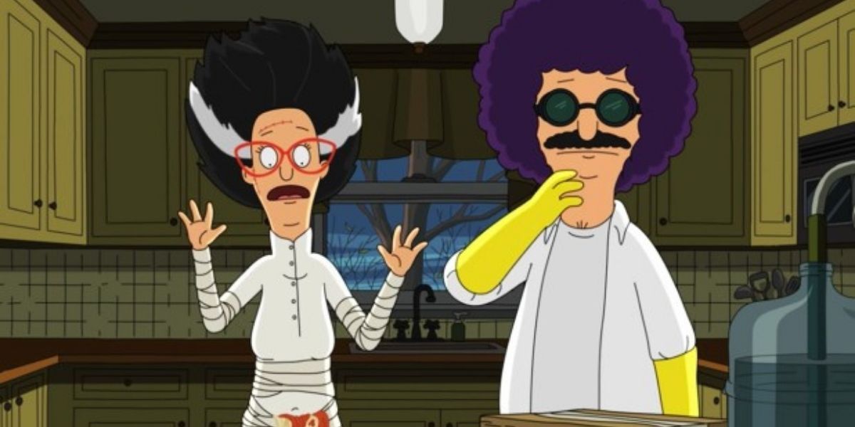 Bob and Linda dressed up like mad scientists in Bob's Burgers