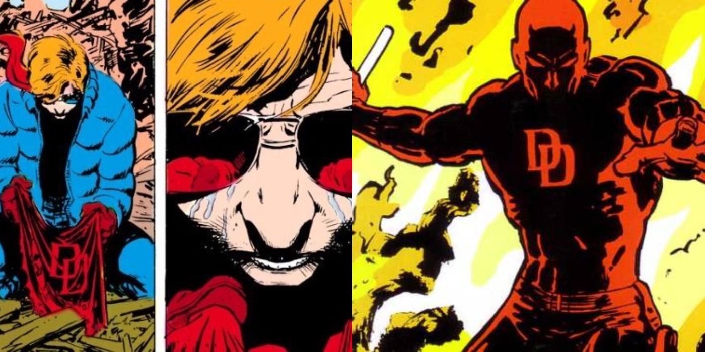 Imagem dividida de Matt Murdock e seu traje de Demolidor na Marvel Comics.
