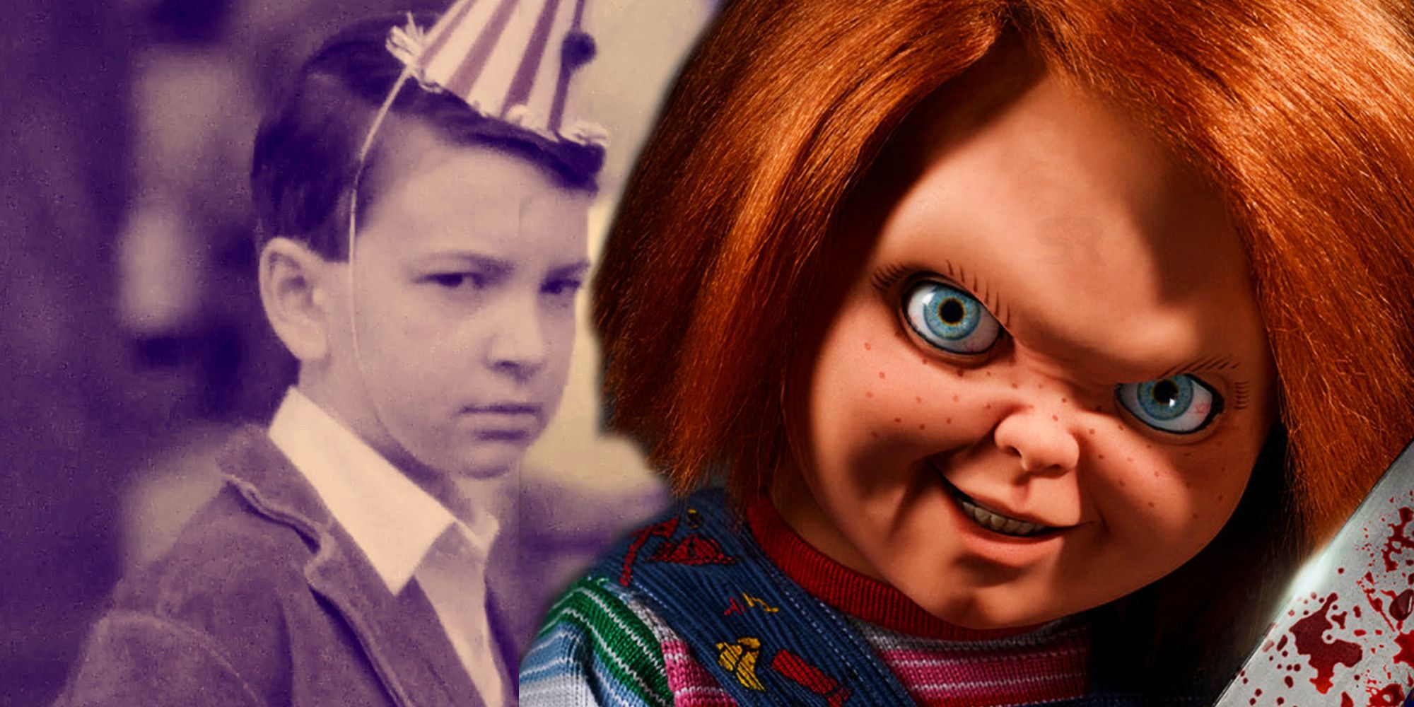Brad Dourif as Chucky and David Kohlsmith as Young Charles Lee Ray in Chucky Episode 3