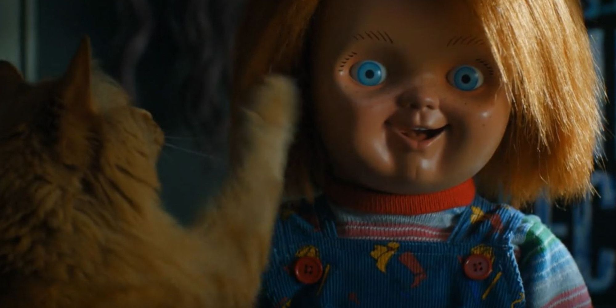 Brad Dourif as Chucky with Binx the Cat in Chucky Episode 1