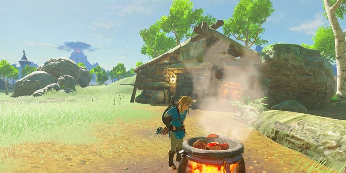 Tangkapan layar Link memasak di The Legend of Zelda Breath of the Wild.