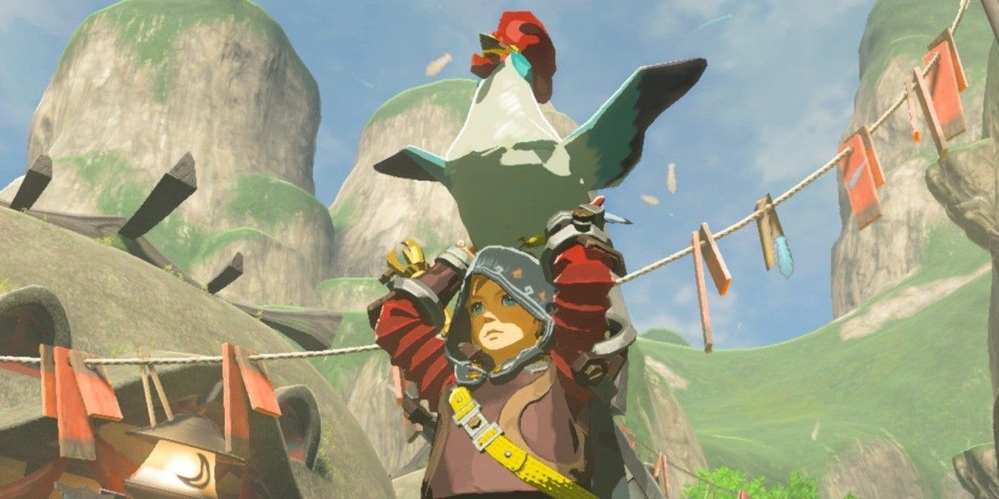 Breath of the Wild Link holding a Cucco above his head ready to throw