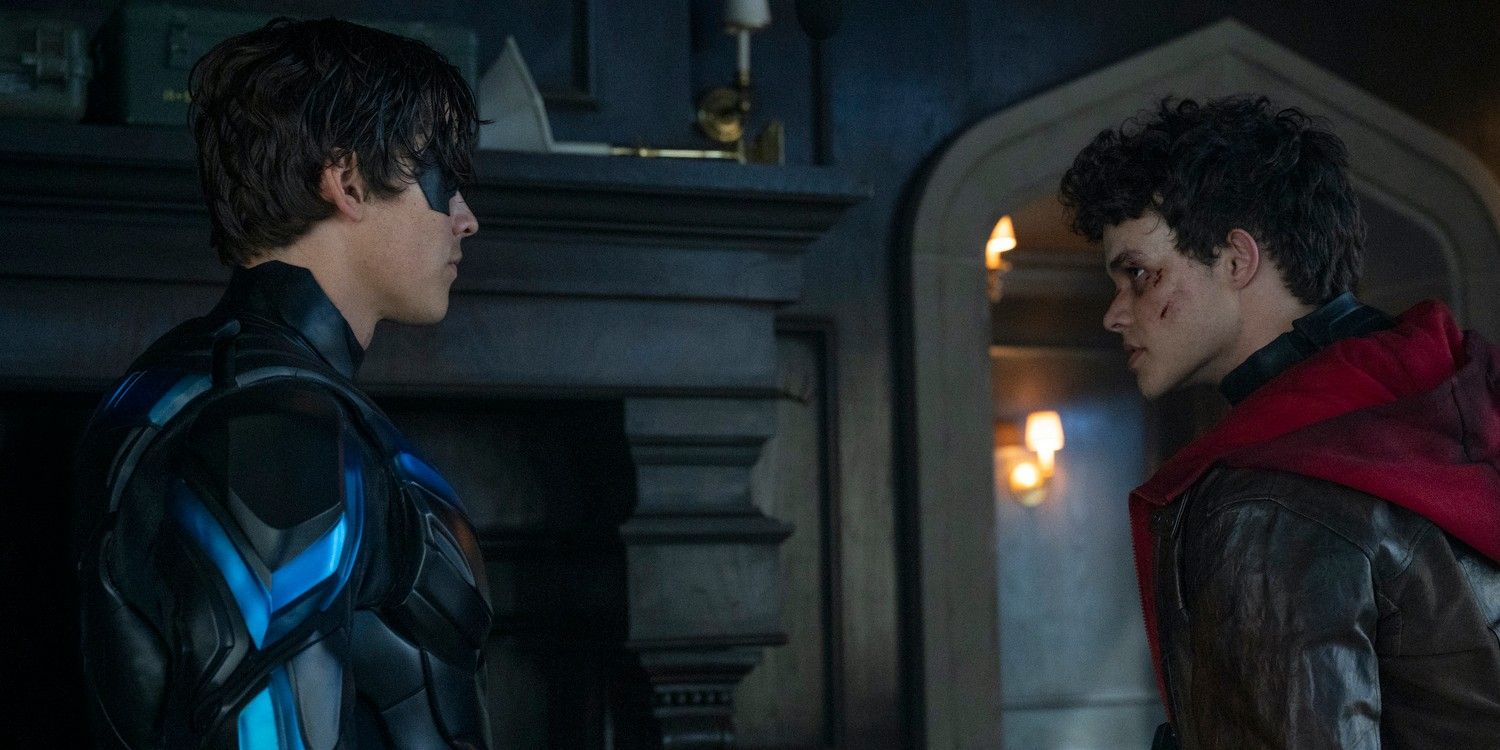 Brenton Thwaites as Dick Grayson Nightwing and Curran Walters as Jason Todd Red Hood in Titans