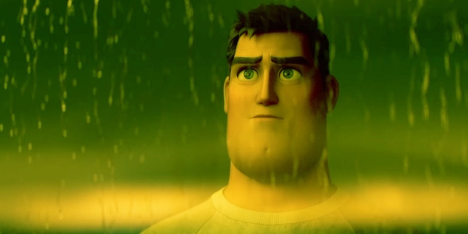 Buzz looking out the window on a rainy day in the Lightyear Trailer