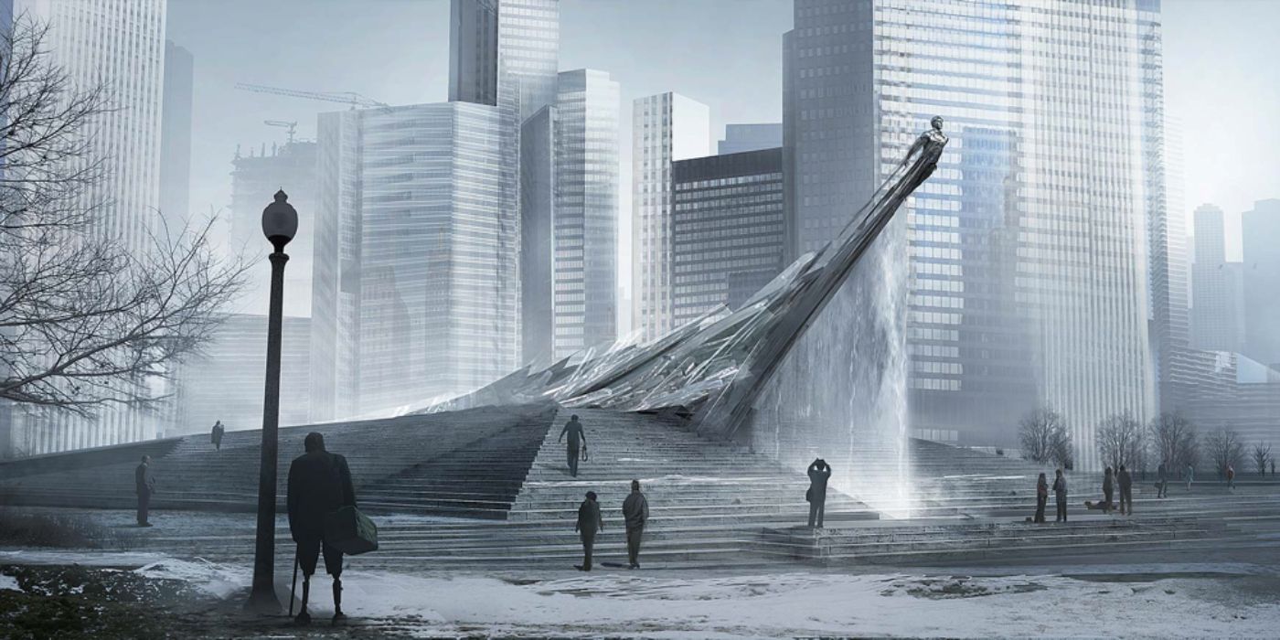 Concept art showing a snow-covered memorial to Superman un Batman v Superman.