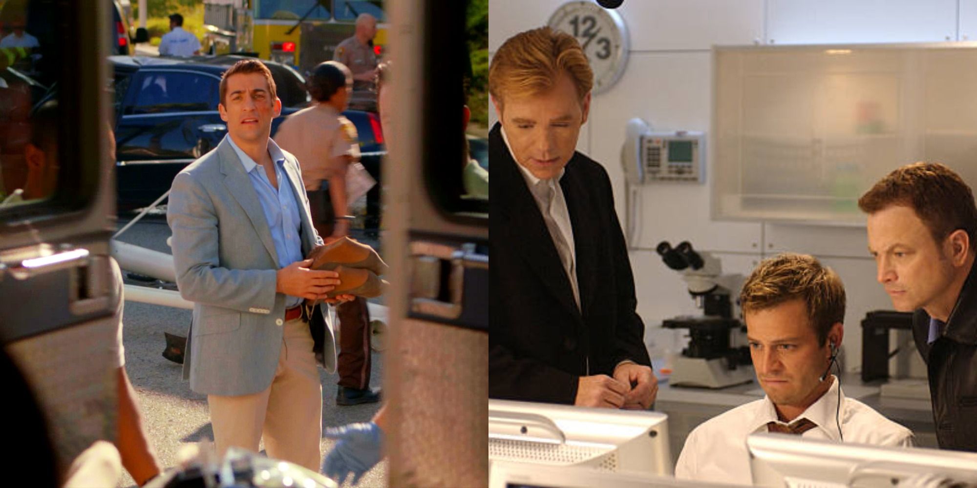 Split image showing Ryan, and Horatio and Mac in CSI Miami
