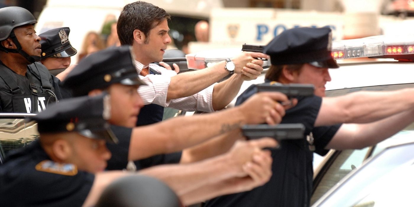 Flack and other cops point their guns in CSI NY