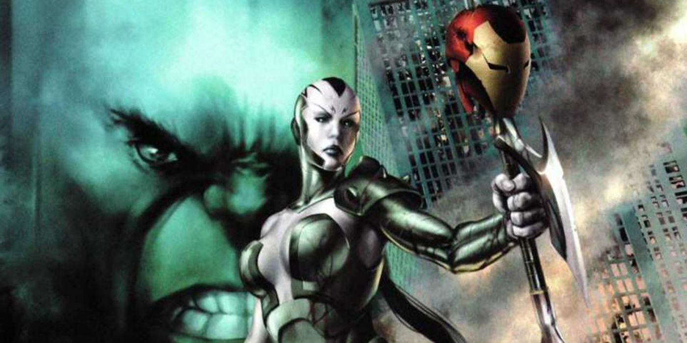 Caiera holding Iron Man's helmet in What If? Planet Hulk #1.