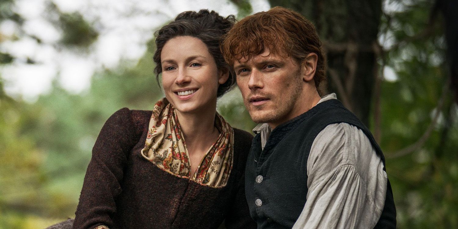 Jamie and Claire smiling in Outlander