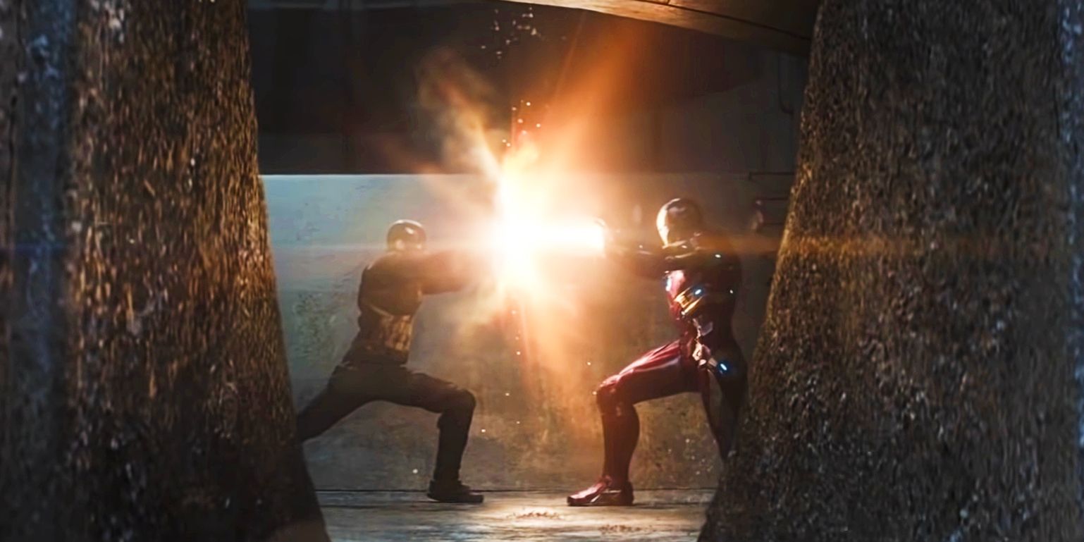 Captain America blocks a blast from Iron Man in Captain America: Civil War