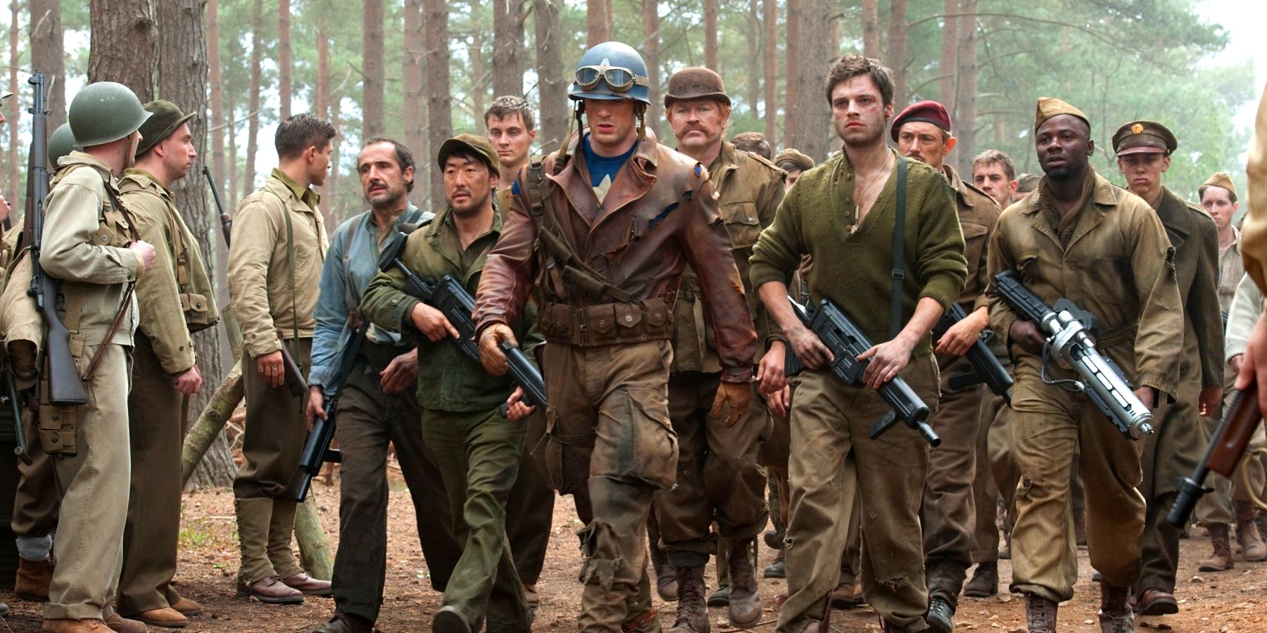 Steve Rogers marches with liberated soldiers in Captain America The First Avenger