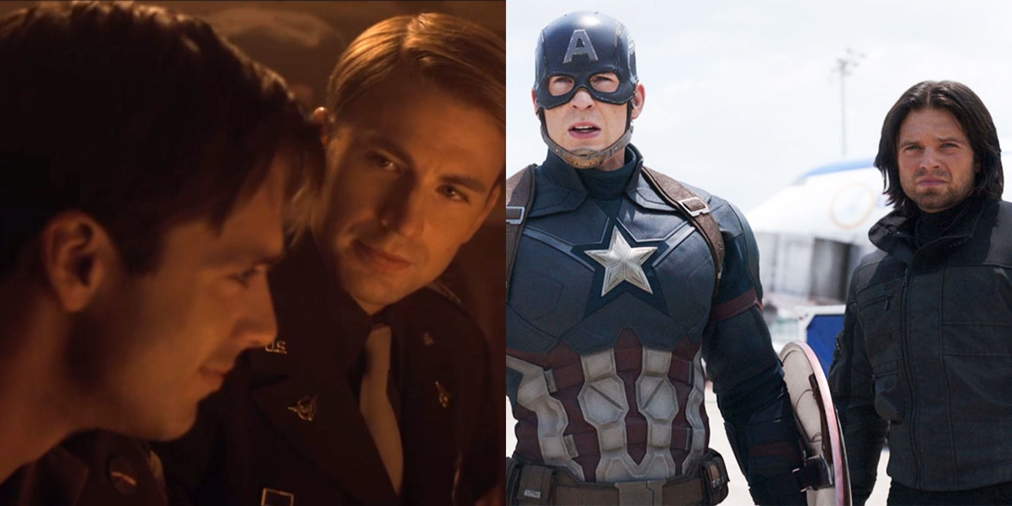 Split image showing Steve and Bucky in The First Avenger and Civil War