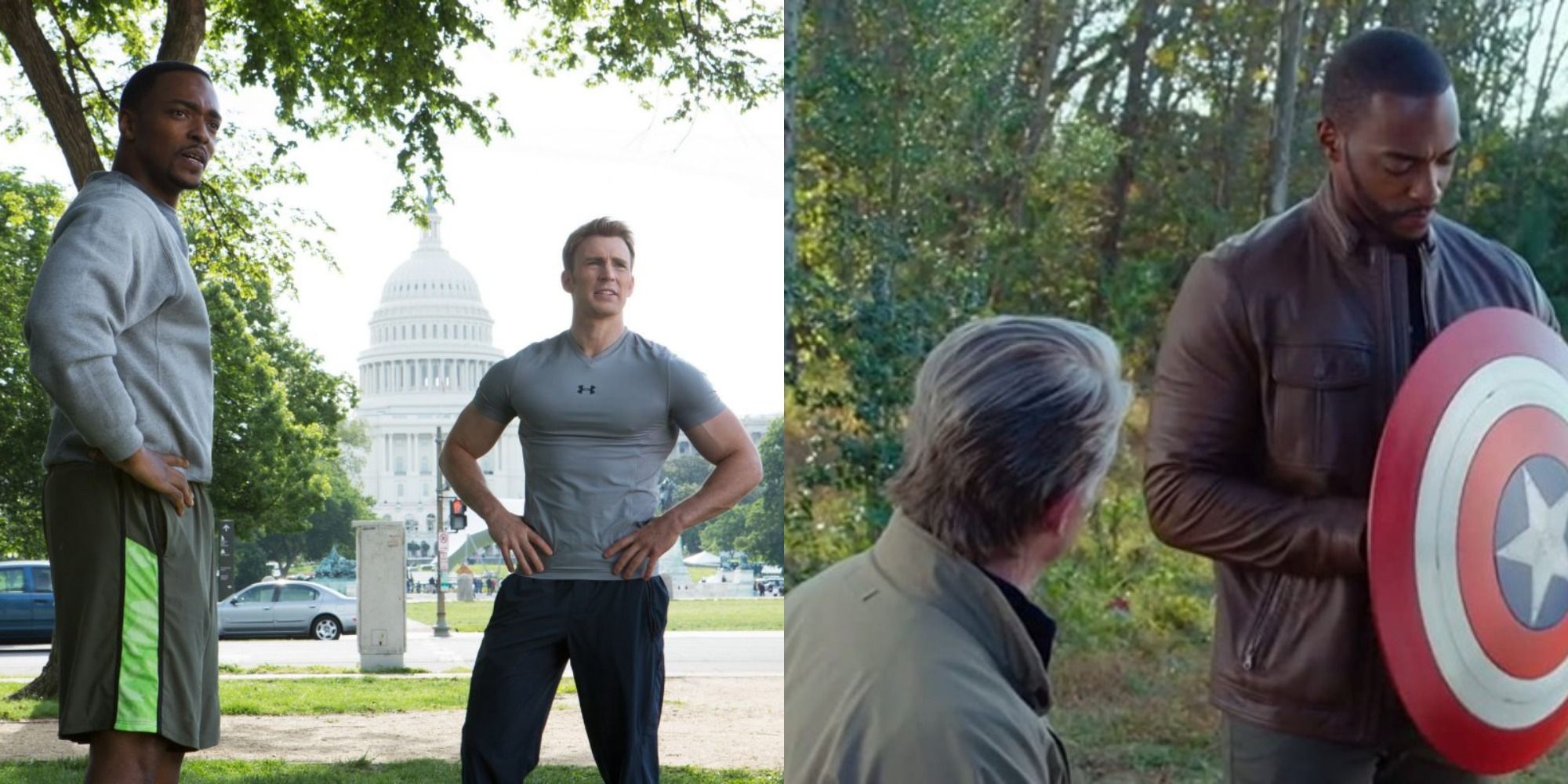 Split image showing Steve and Sam in The Winter Soldier and Endgame