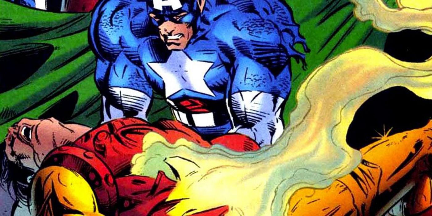 Captain America holds Iron Man's dead body in Marvel Comics.
