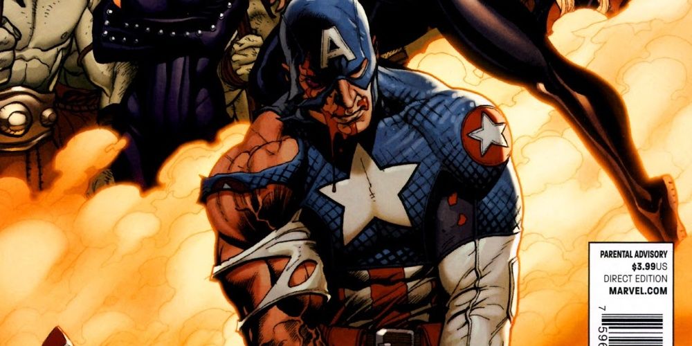 Captain America lays on the ground injured with a torn costume on the cover of New Ultimates Cropped