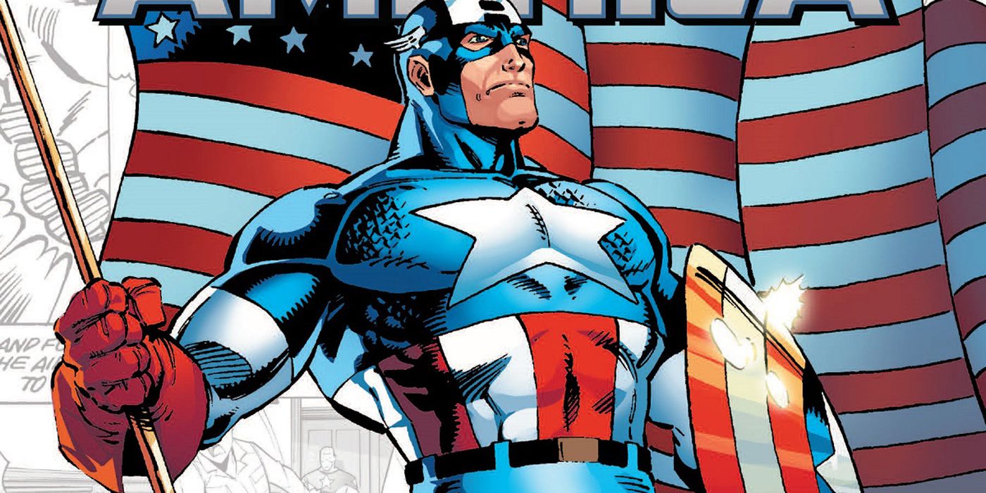 Captain America standing in front of a flag.