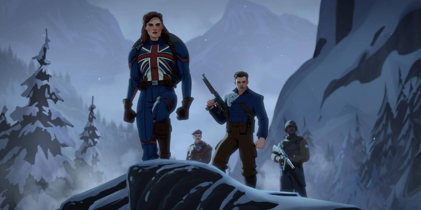 Captain Carter, Bucky, and the Howling Commandos standing in the middle of a snowy valley in Marvel's What If...?