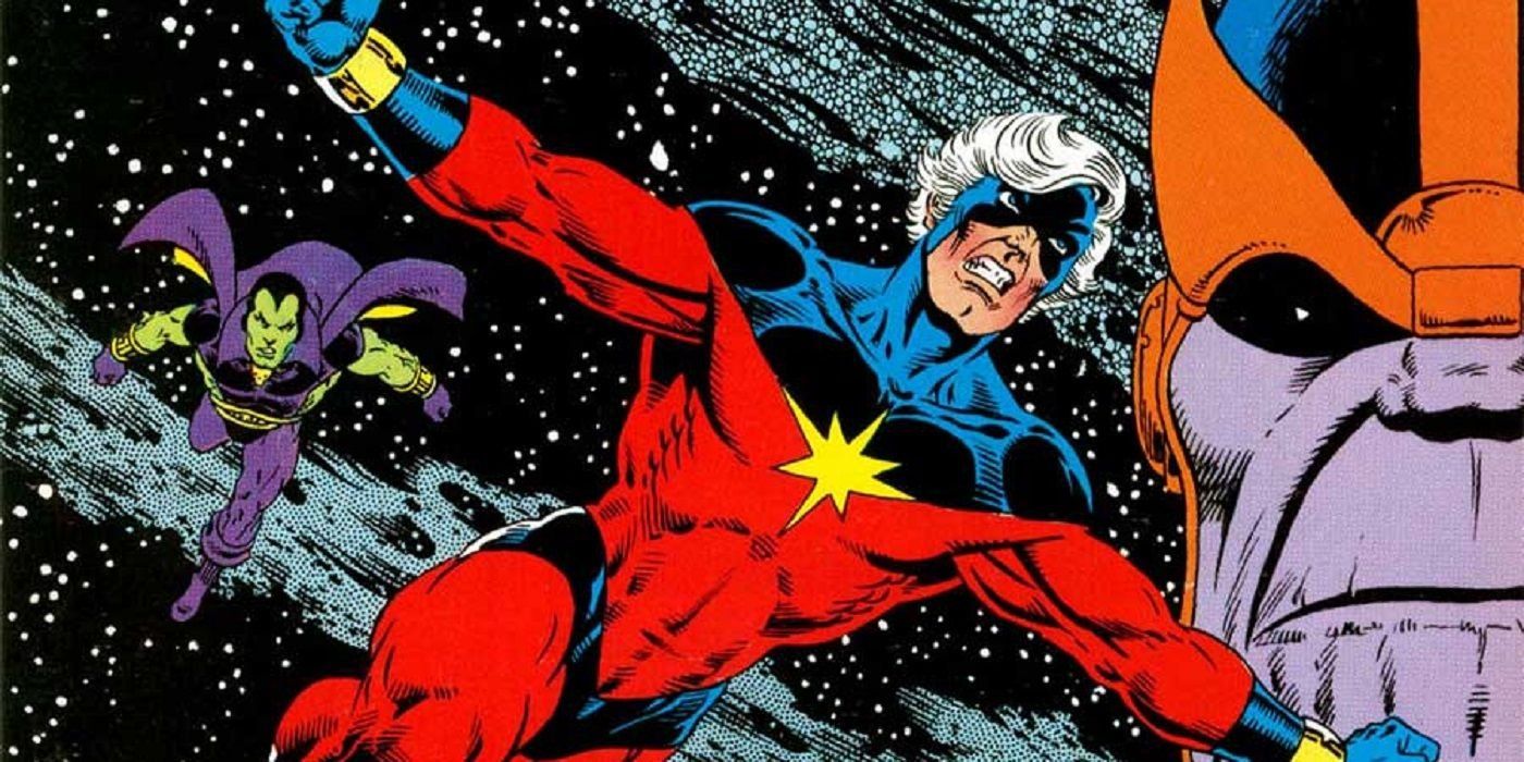 Blended image of Mar-Vell, Drax, and Thanos flying in outer space in Marvel Comics.