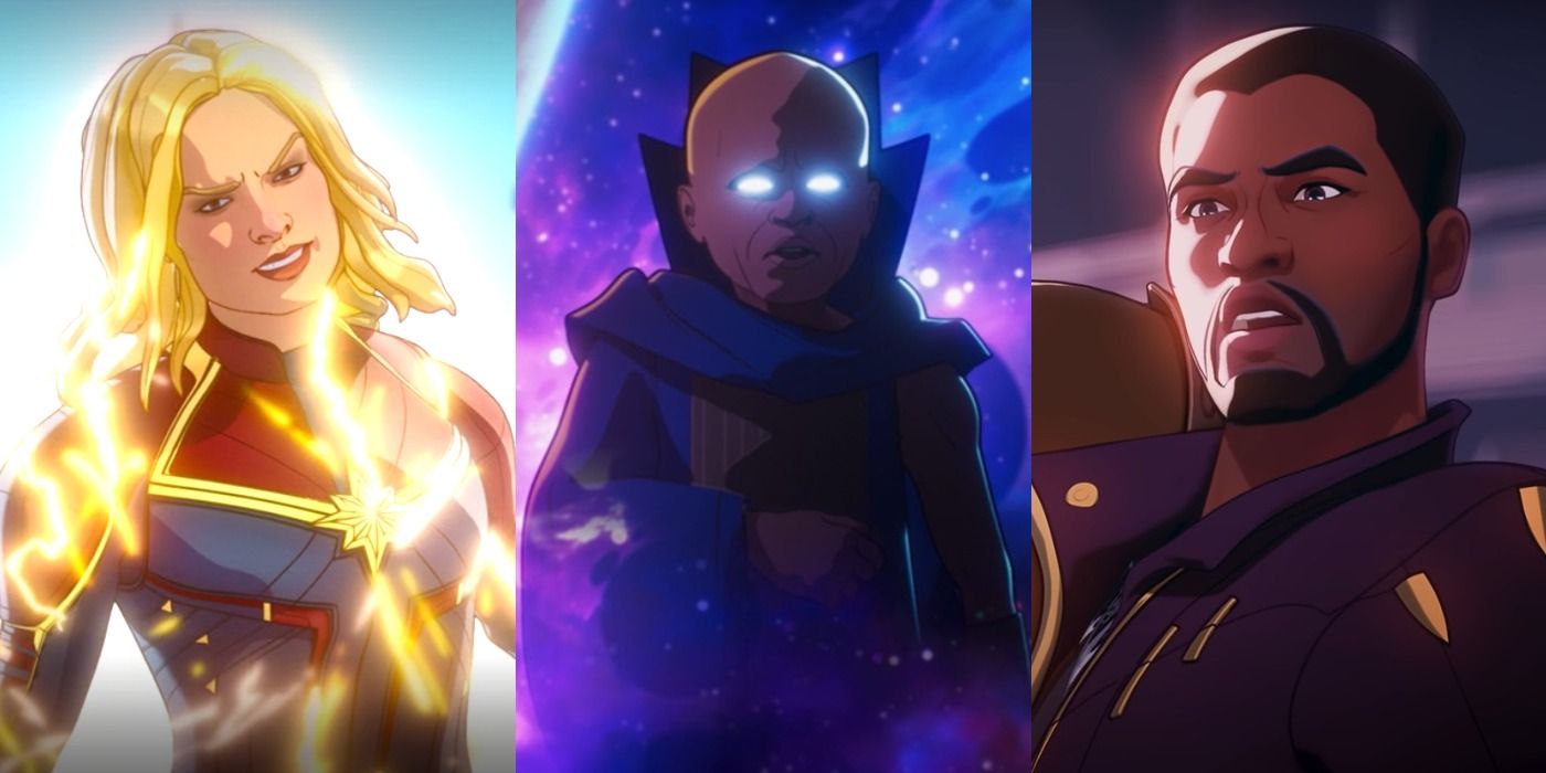 Three images showing Captain Marvel, The Watcher, and T-Challa as Star-Lord in Marvel's What If...?