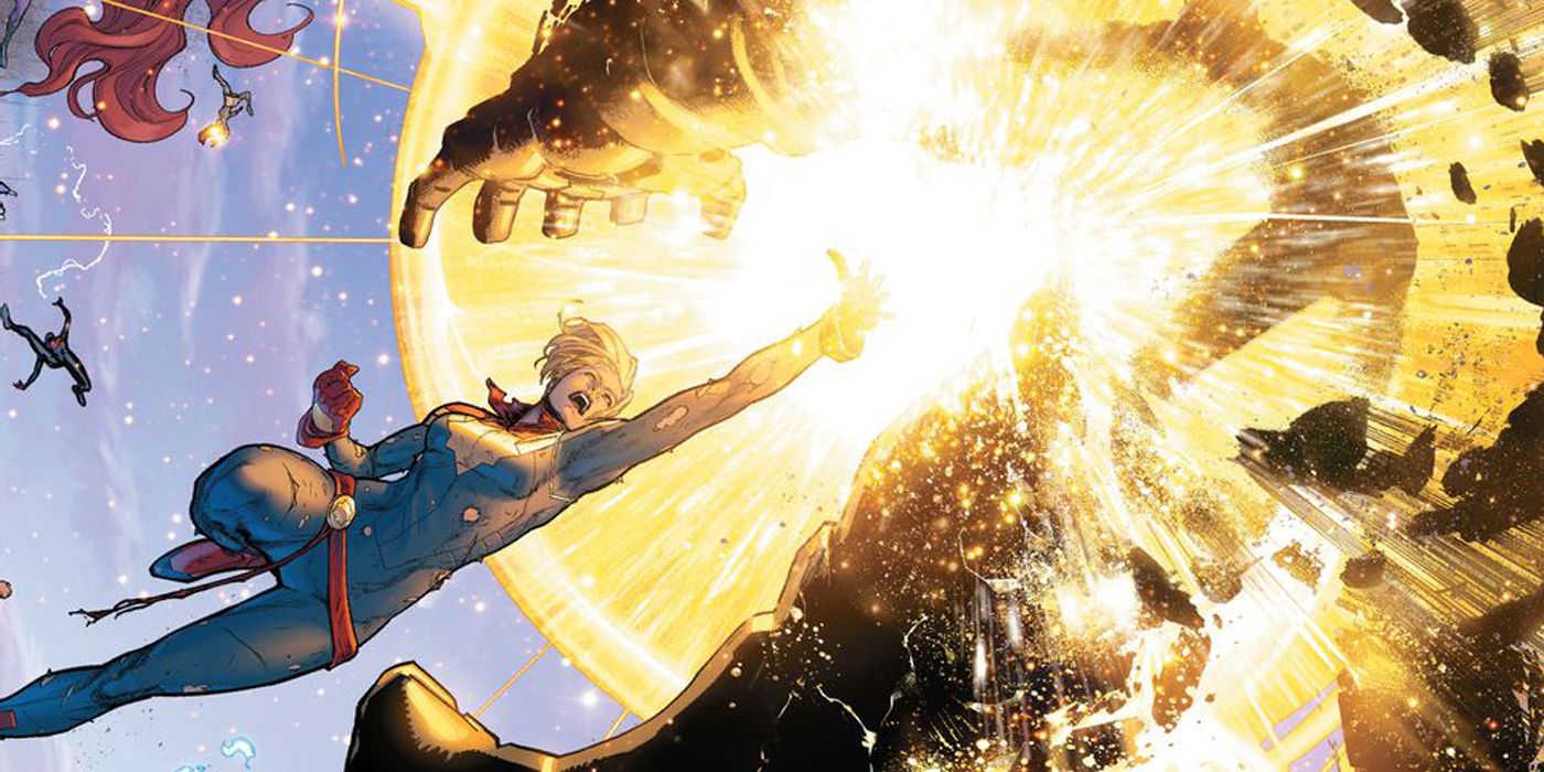 Captain Marvel kills Iron Man with a blast.