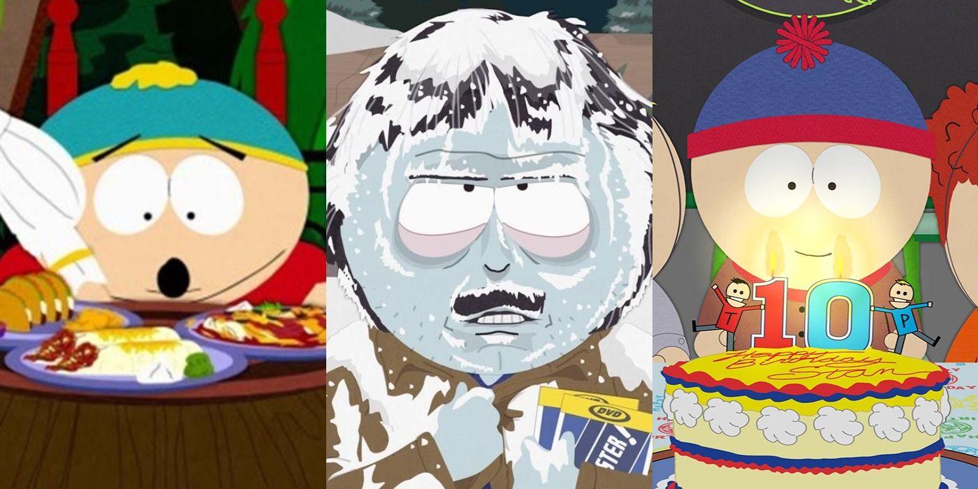 Cartman gasping, Randy freezing, and Stan smiling in South Park.