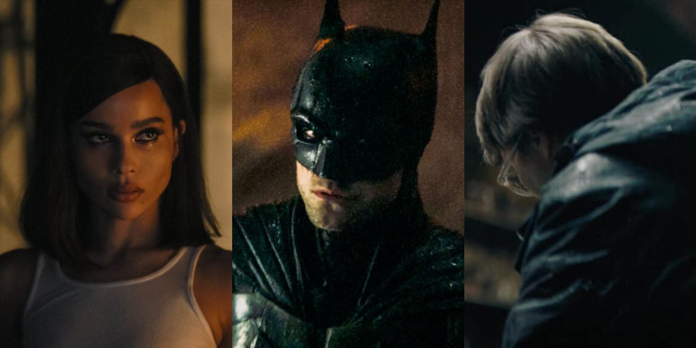 Split image of Catwoman, Batman, and Riddler from The Batman trailer