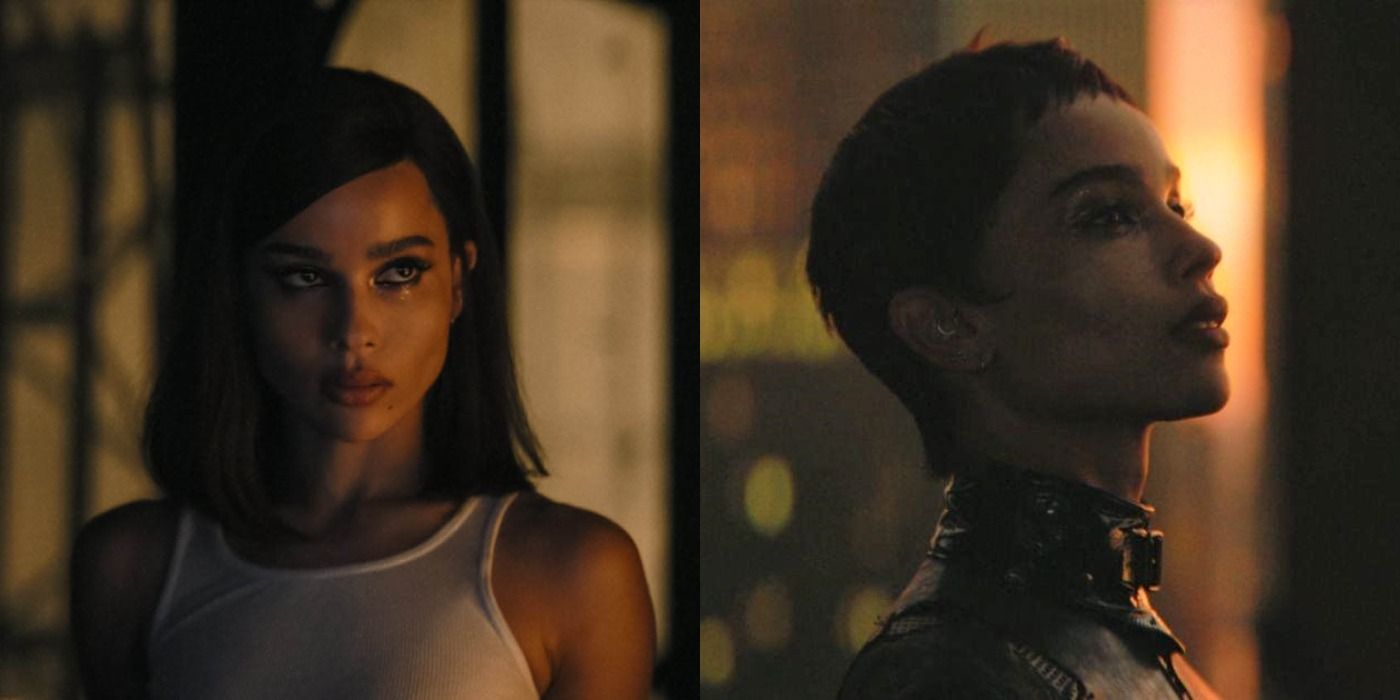 Split image of Selina Kyle/Catwoman in The Batman trailer