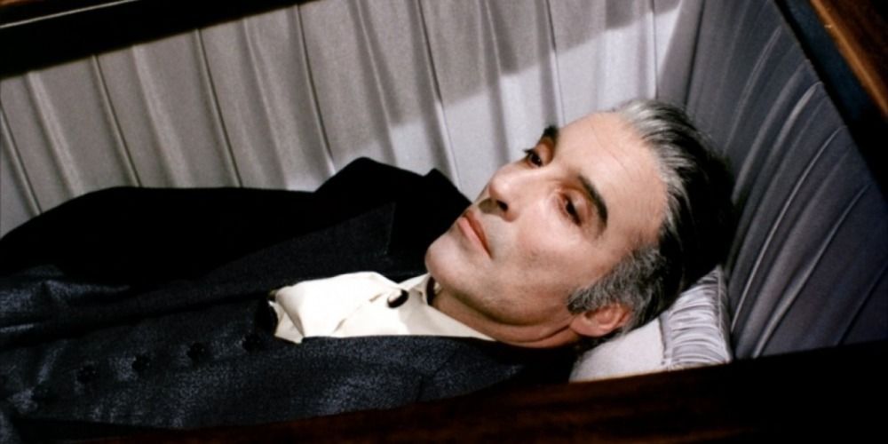 Christopher Lee in a coffin in Dracula and Son (1976)