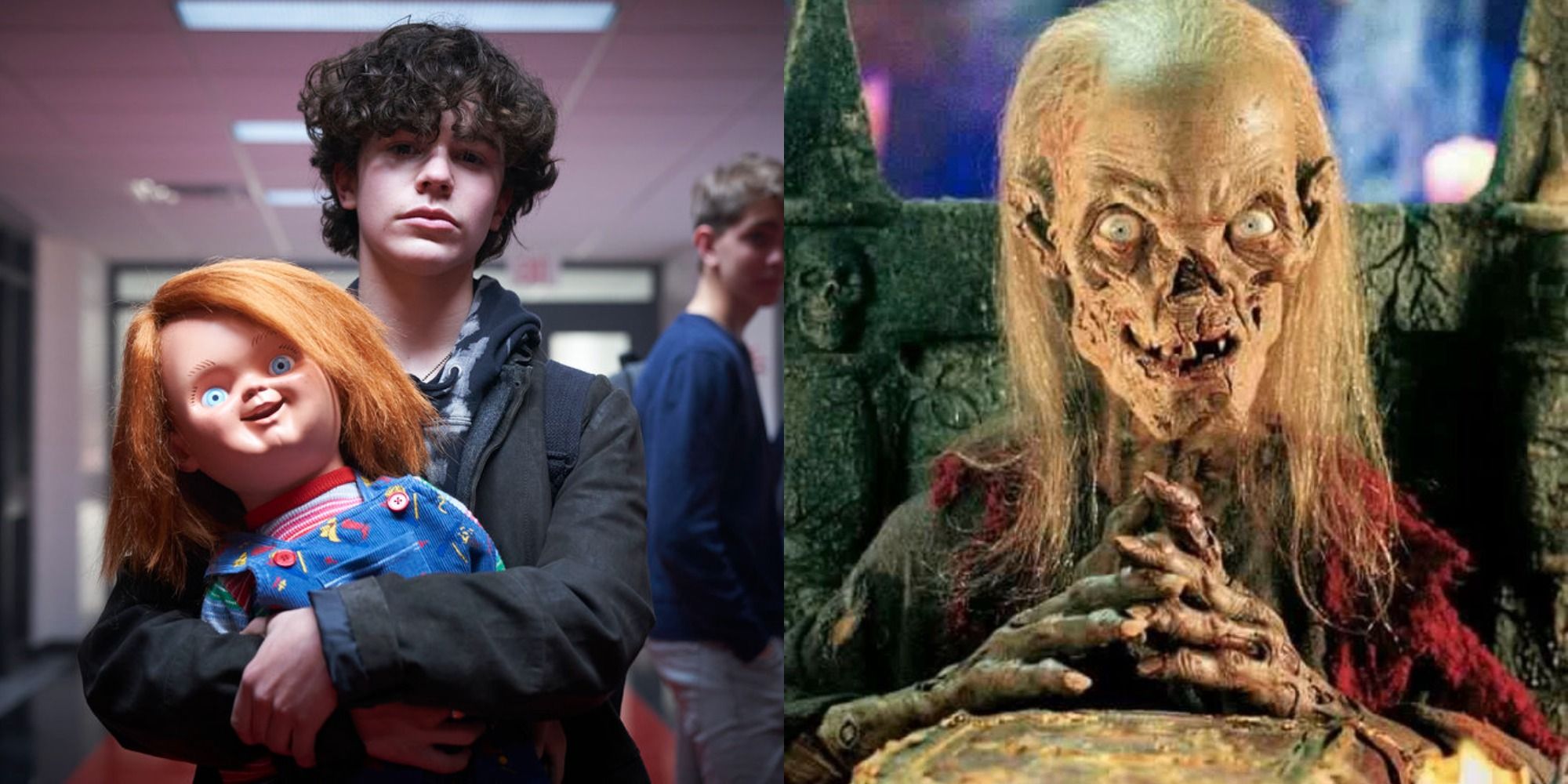 Split image showing Jake holding CHucky, and the Cyptkeeper from Tales from the Crypt