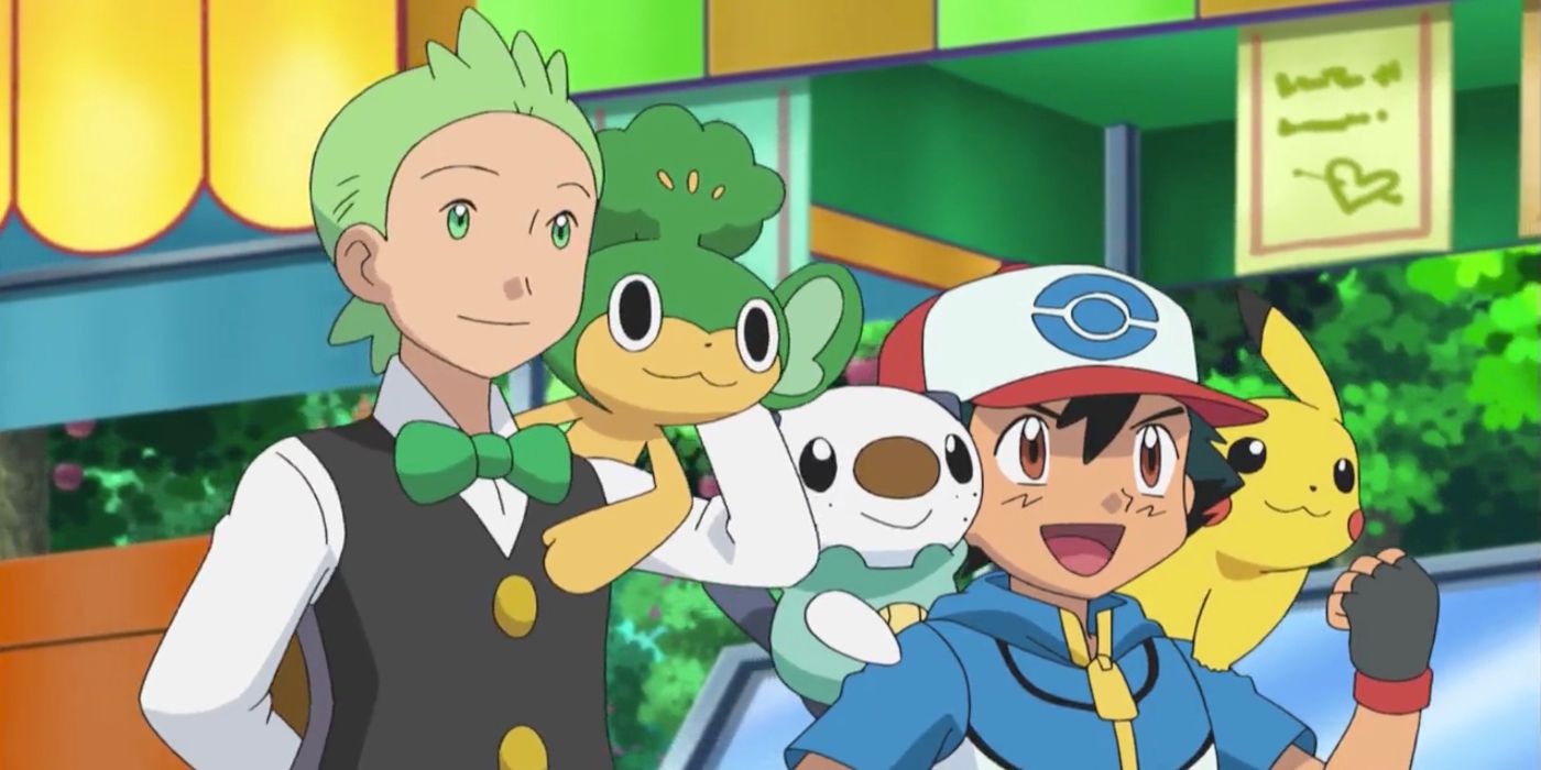 Cilan and Ash with Pansage, Oshawott, and Pikachu in Pokemon