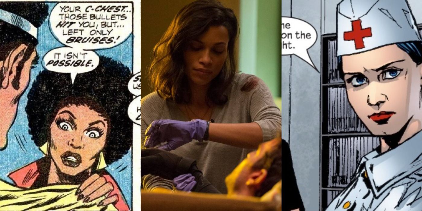 Split image of Claire Temple in comics, in the Daredevil show, & as Night Nurse in Marvel Comics.