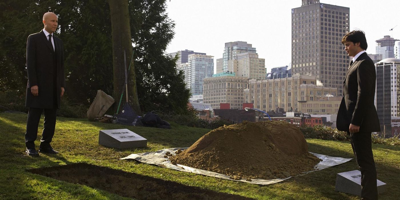 Clark Kent facing off with Lex Luthor in the cemetery in Smallville.